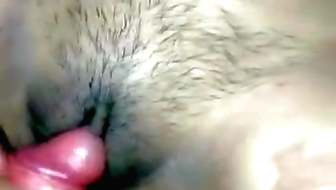 Indian brunette with a hairy pussy eat pink mushroom head
