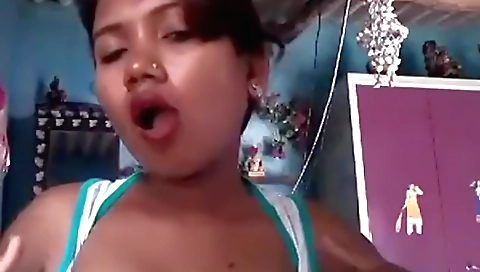 Indian brunette amateur showing her tits and cums in the air