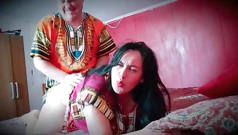 Brunette stepsister fucks stepbrother in the bedroom
