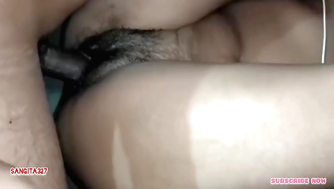 Hairy indian chick in black bikini gives a blow job